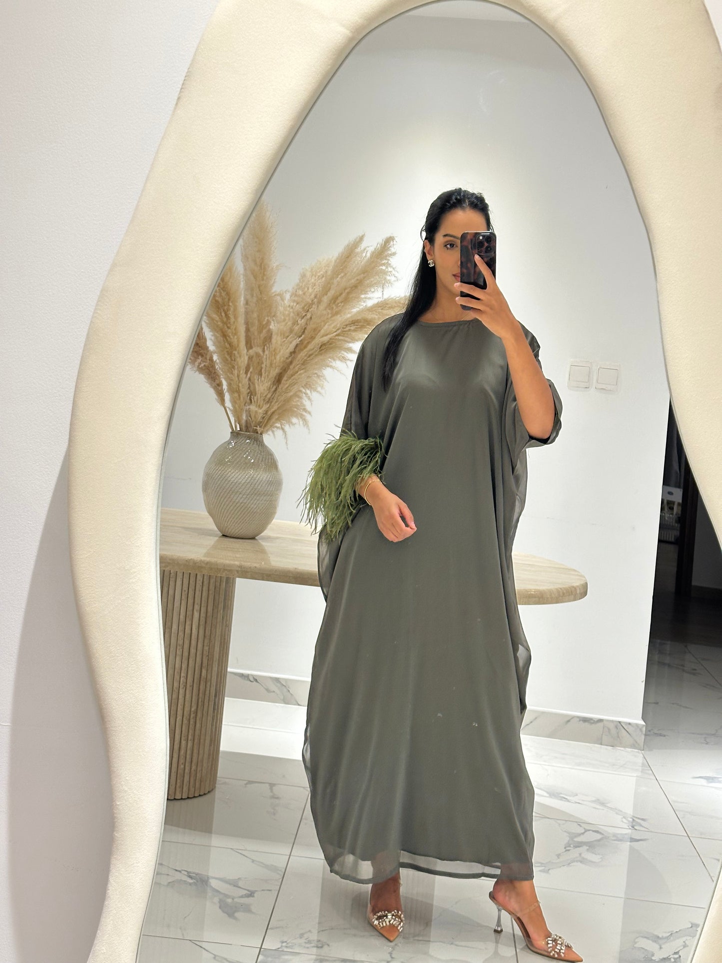 Eman Feather Kaftan set - Khaki