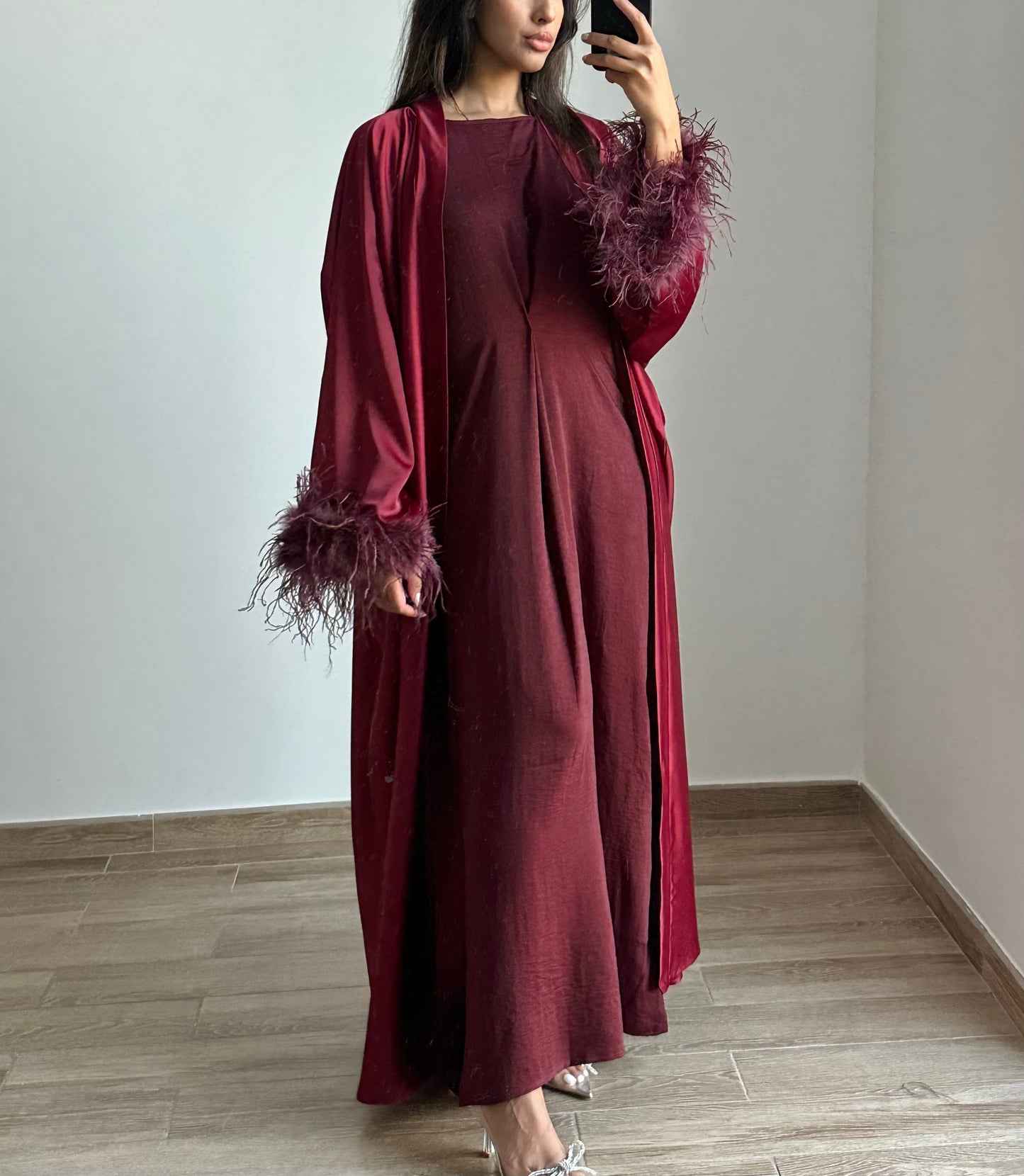 Pre Order Feather Open Abaya Set - Burgundy