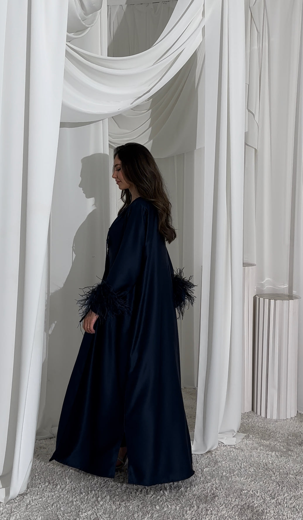 RTW Maysa Feather Abaya - Navy Blue