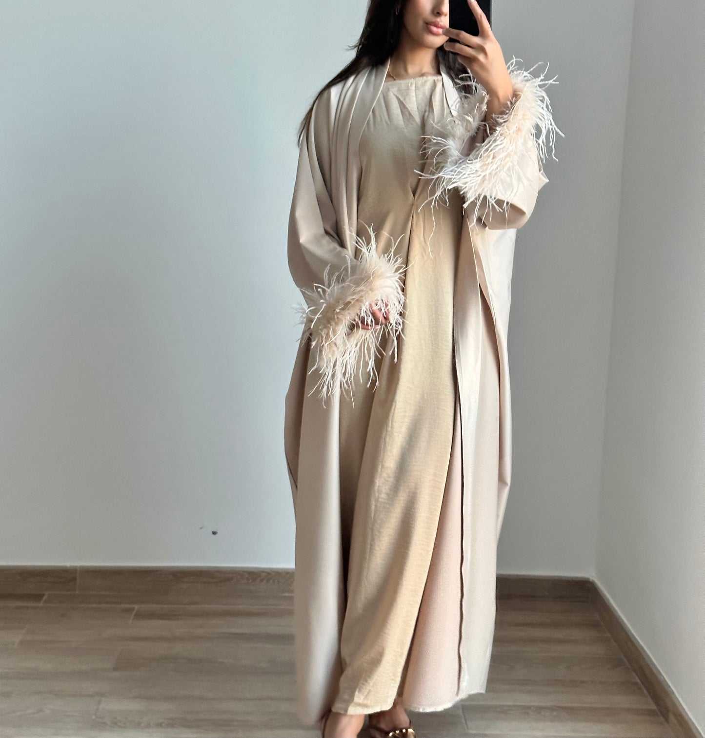 Pre Order Feather Open Abaya Set - Beige