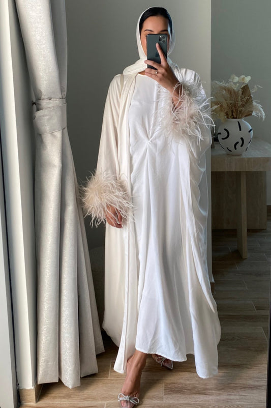 Pre order Feather Open Abaya Set - Off white