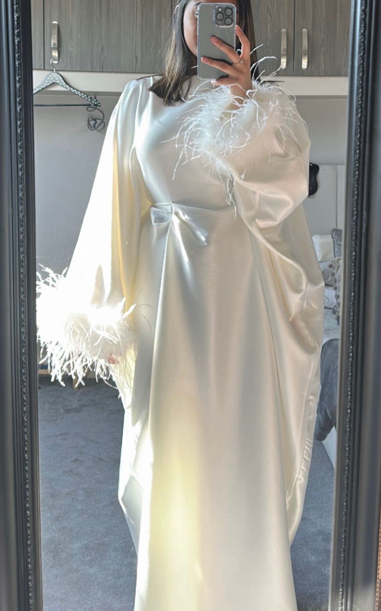 RTW Farasha Feather Kaftan - Off white/White Feathers