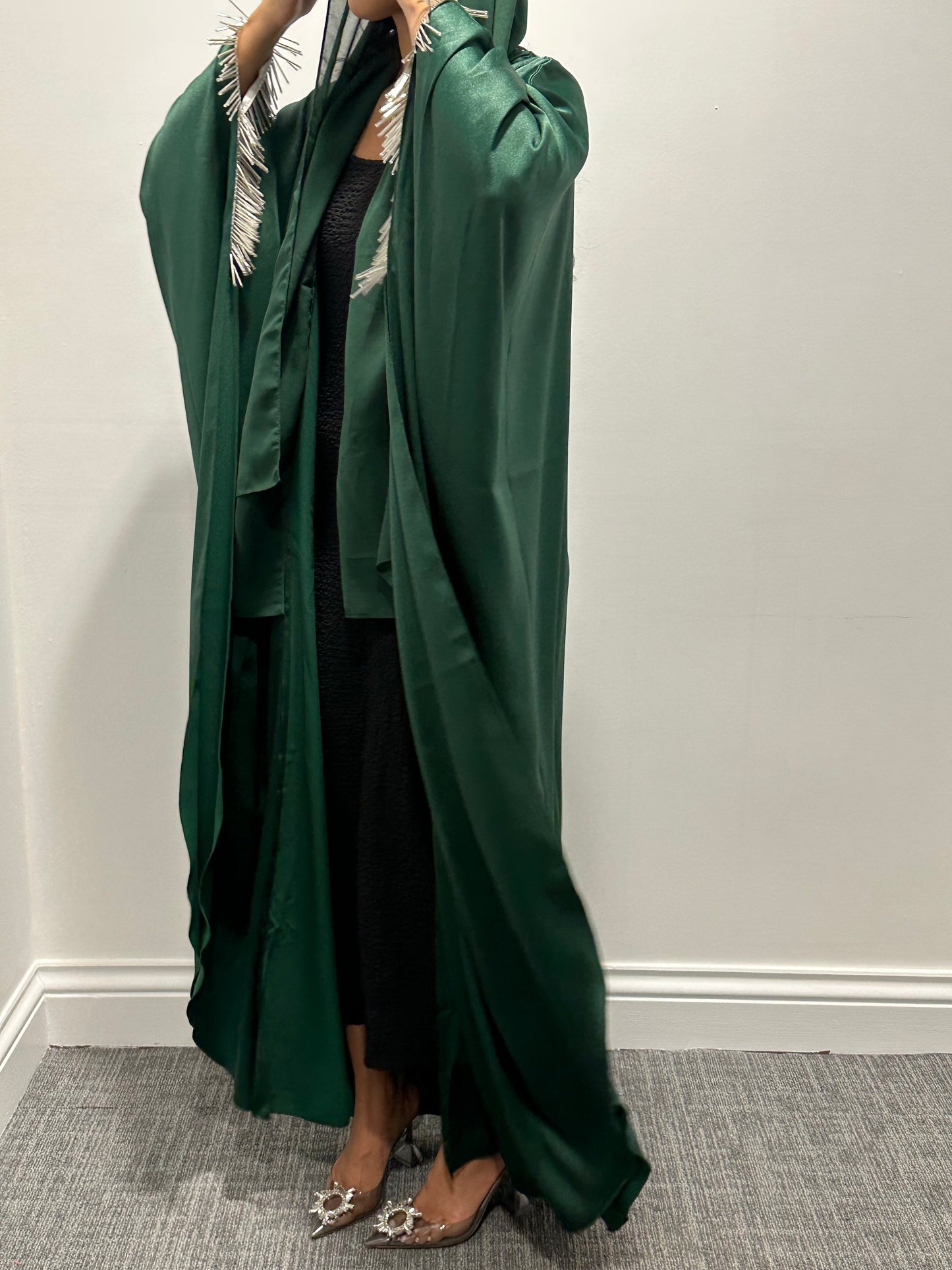 RTW Mona Beaded Fringe Abaya - Emerald Green