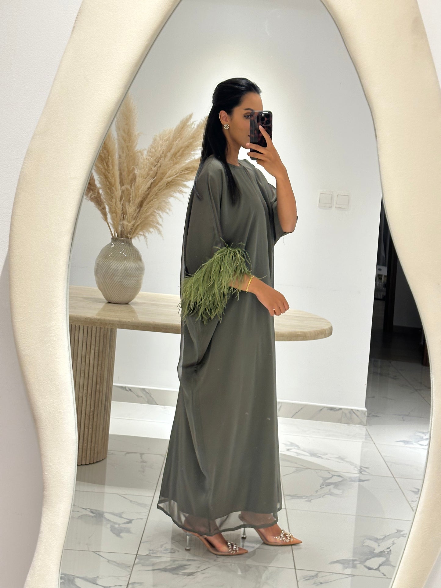 Eman Feather Kaftan set - Khaki