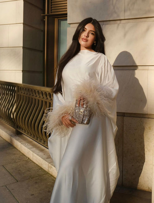 RTW Farasha Feather Kaftan - Off white/Cream Feathers