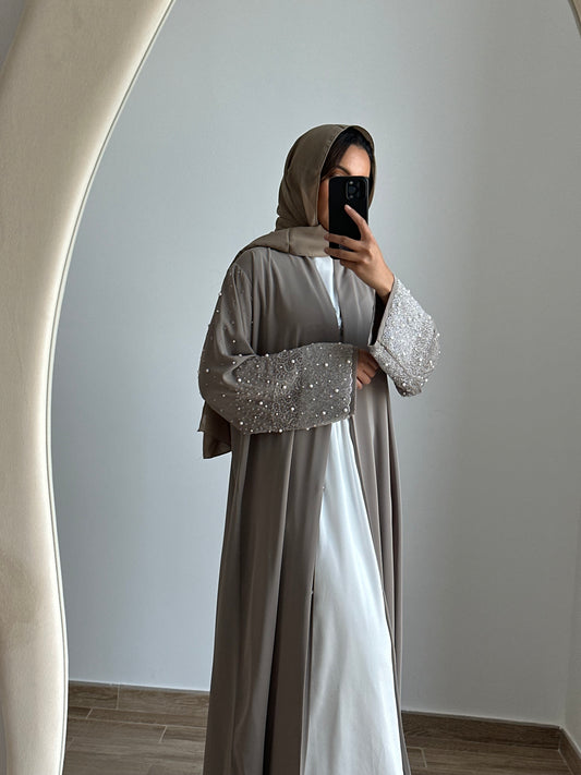 Beaded Sleeve Abaya - Grey