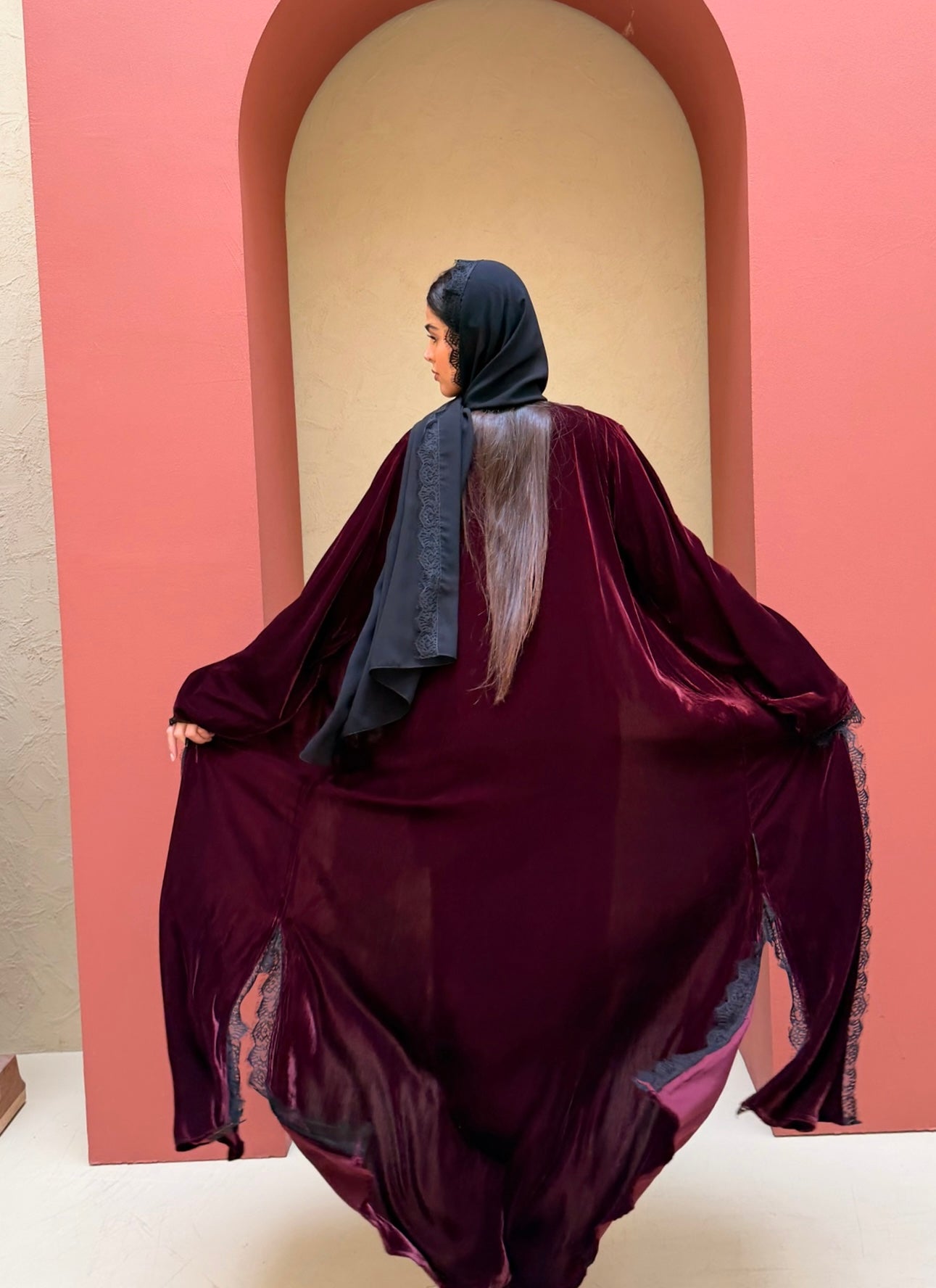 RTW Inayah Velvet Lace Abaya Set - Plum/Black