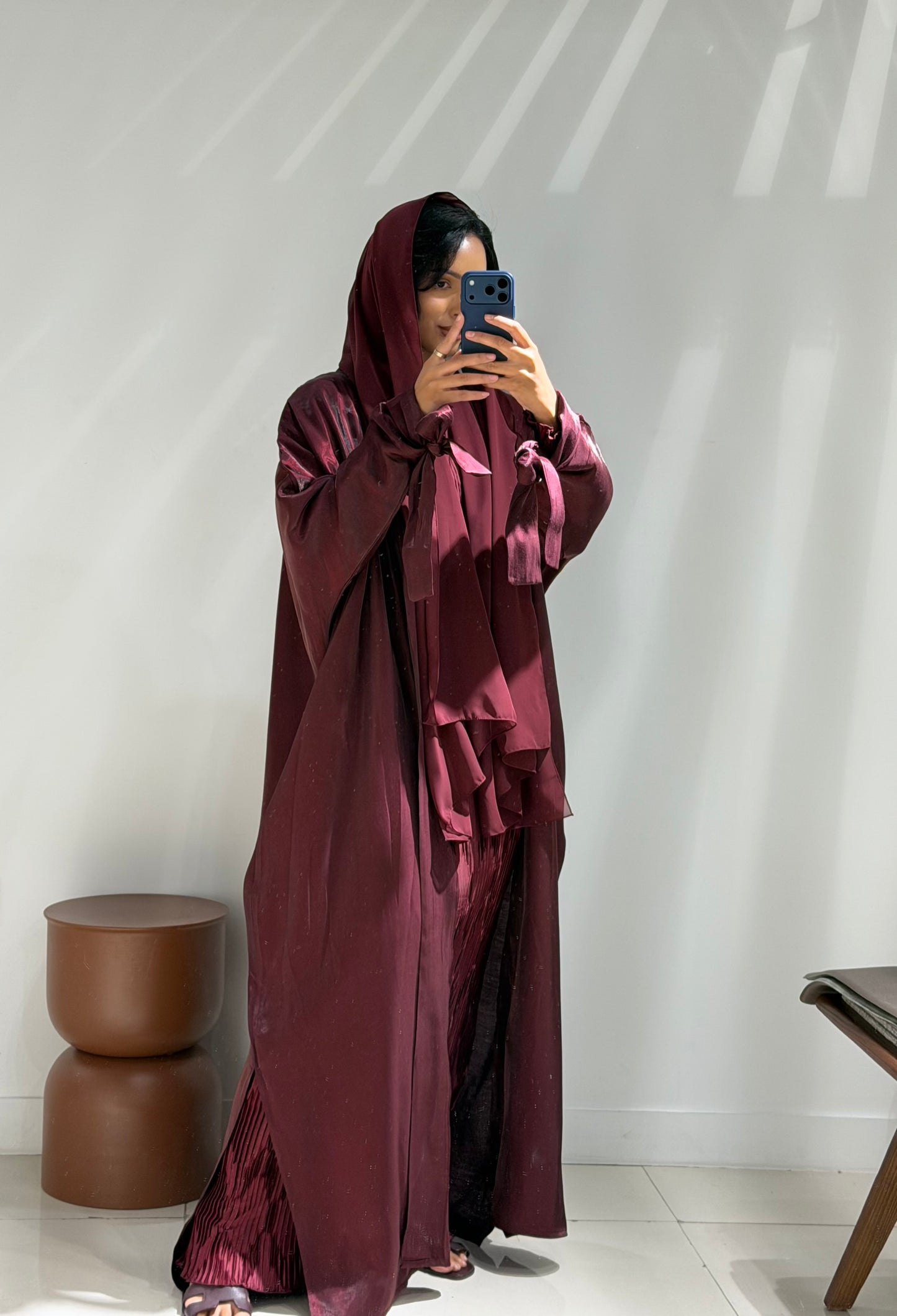 Pleated Tie Abaya set - Dark Burgundy