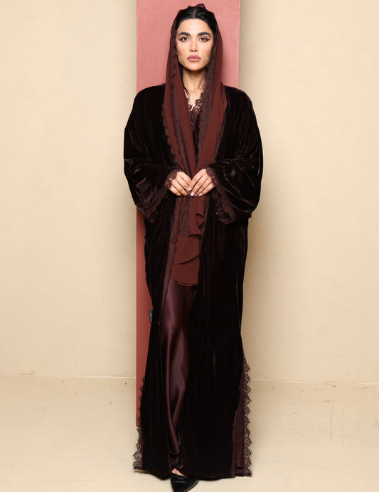 Pre-Order Inayah Velvet Lace Abaya Set - Cocoa