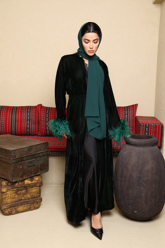 Asmaa Velvet Feather Abaya - Jade