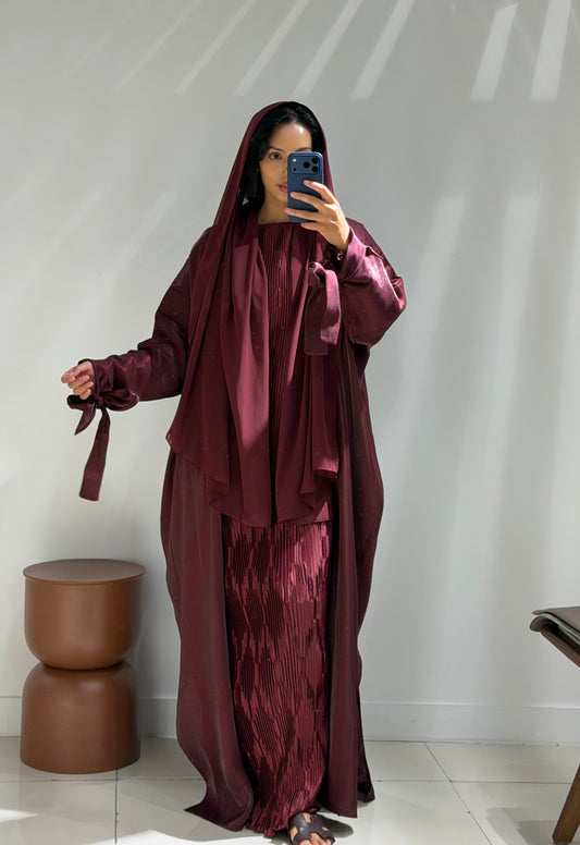 Pleated Tie Abaya set - Dark Burgundy