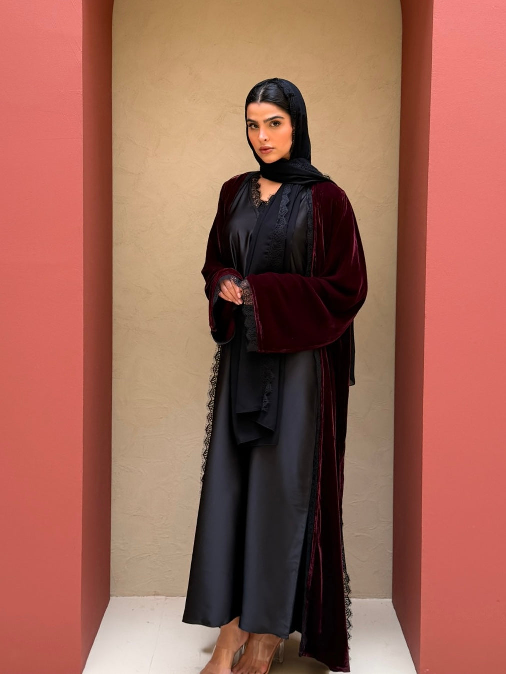 RTW Inayah Velvet Lace Abaya Set - Plum/Black
