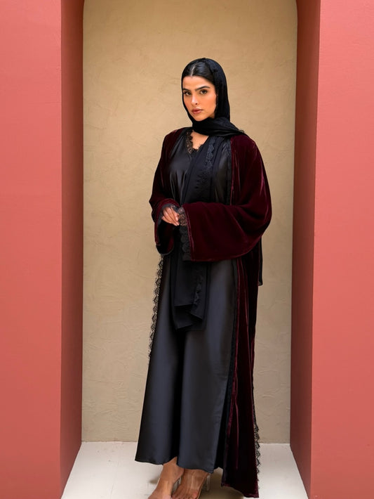 RTW Inayah Velvet Lace Abaya Set - Plum/Black