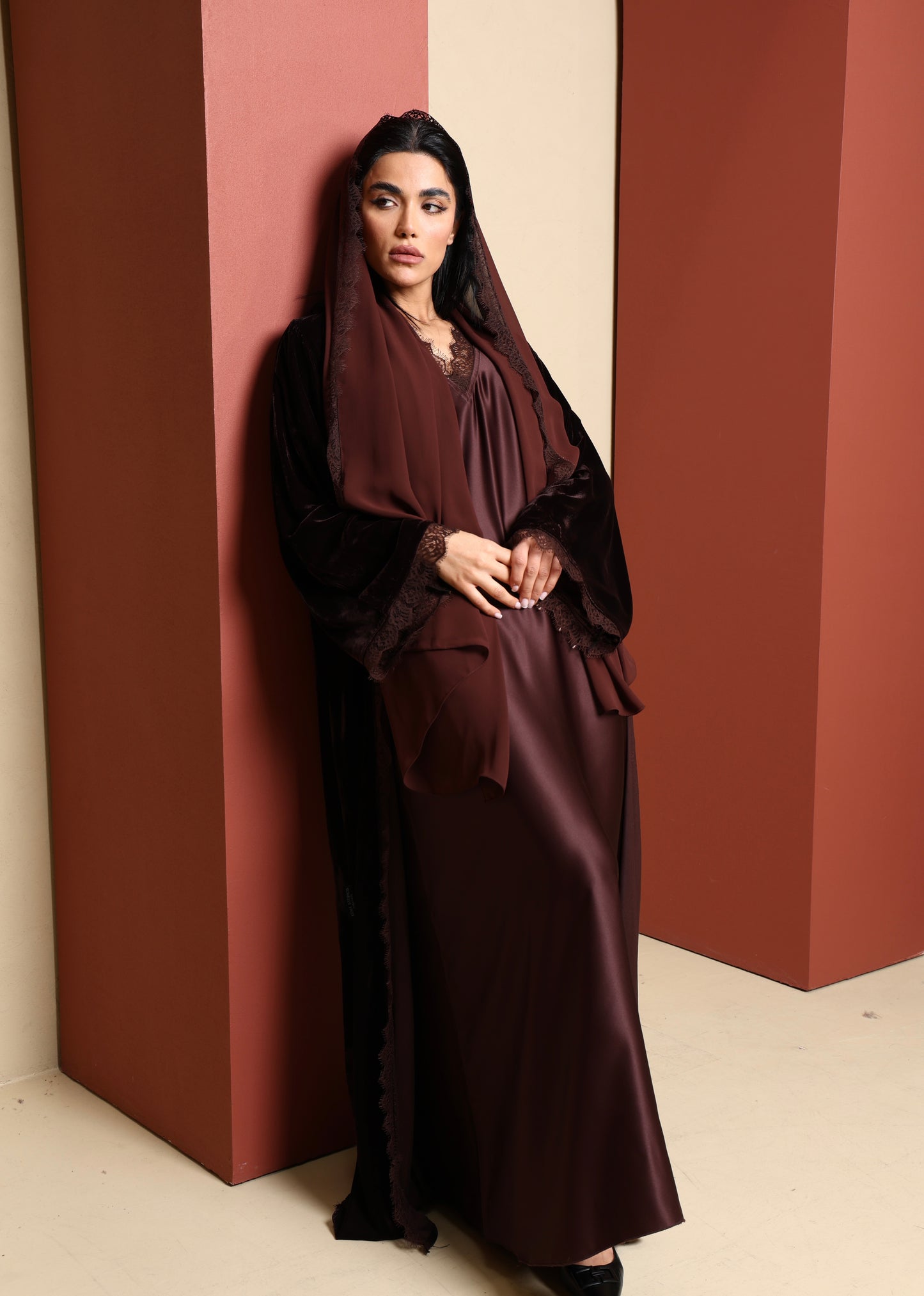 Pre Order Inayah Velvet Lace Abaya Set - Cocoa (Copy)