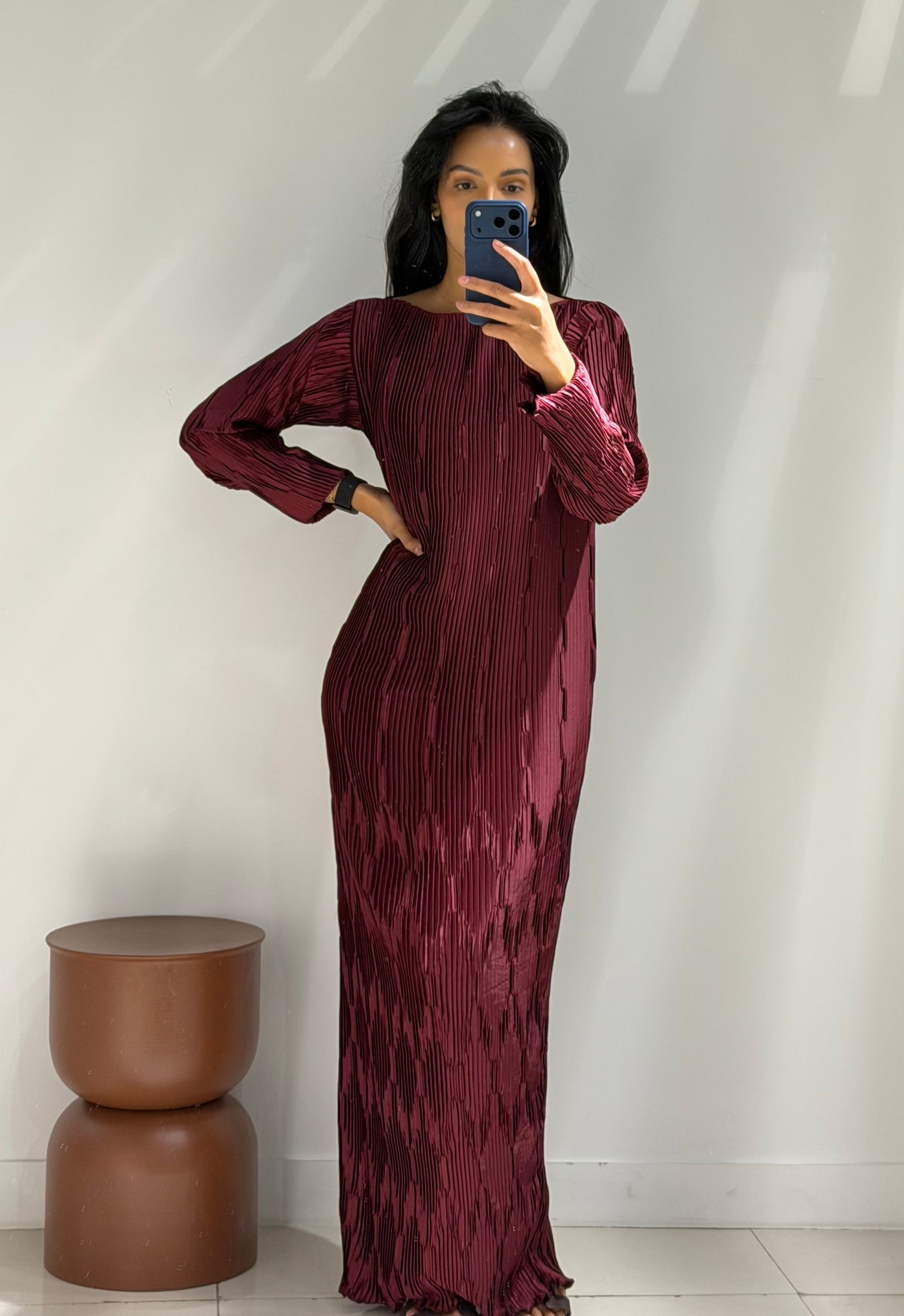 Pleated Tie Abaya set - Dark Burgundy