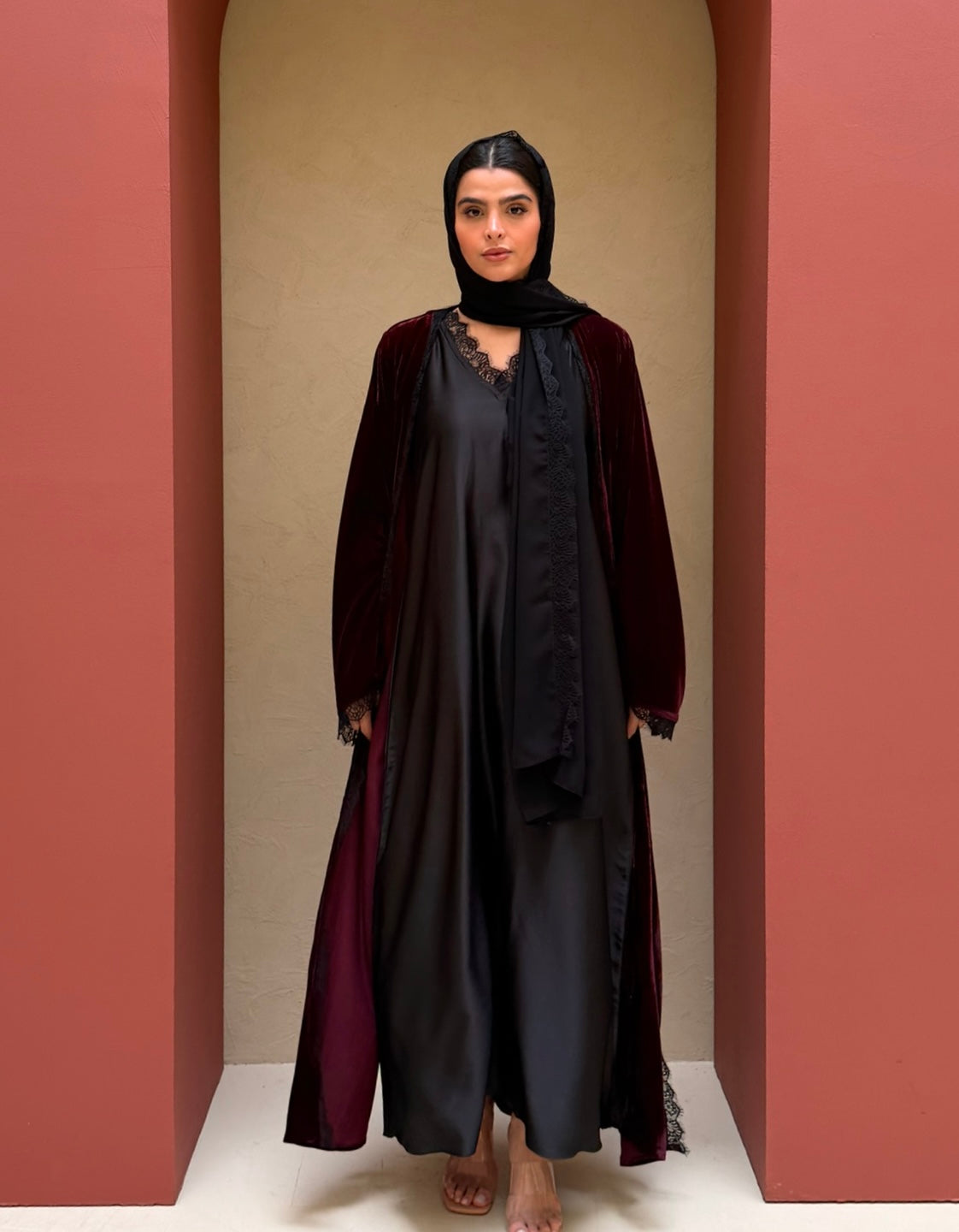 RTW Inayah Velvet Lace Abaya Set - Plum/Black