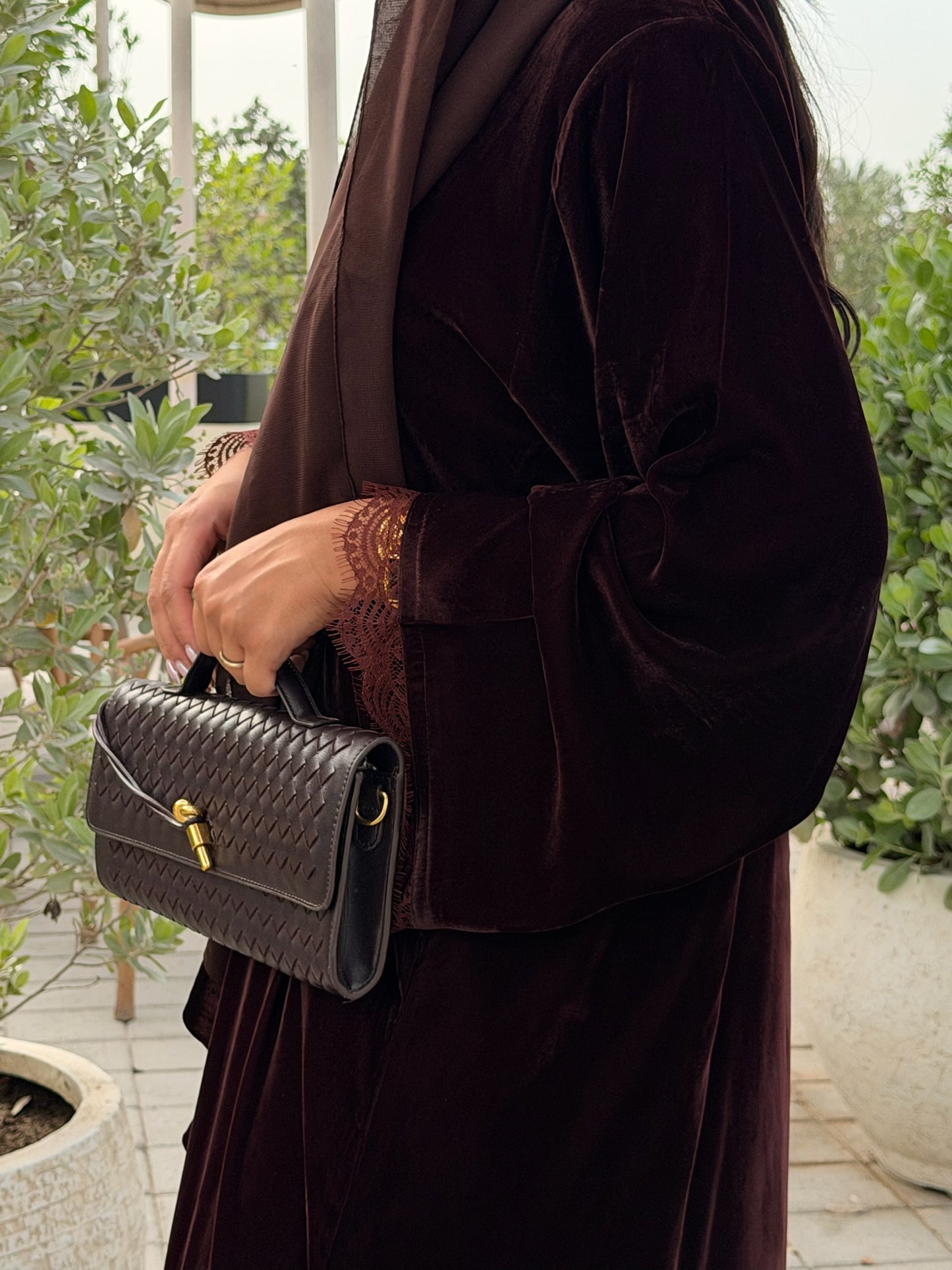 RTW Inayah Velvet Lace Abaya Set - Burgundy