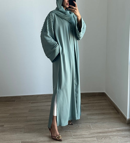 Pre order Manar Beaded Sleeve Abaya - Matcha