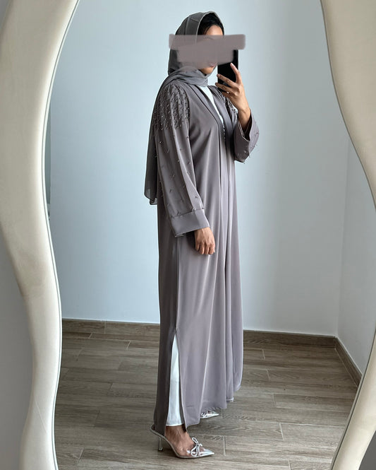 Pre order Manar Beaded Sleeve Abaya - Grey