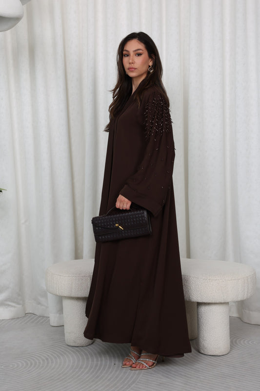 Pre order Manar Beaded Sleeve Abaya - Cocoa Brown