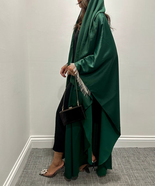 RTW Mona Beaded Fringe Abaya - Emerald Green