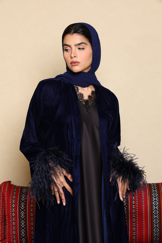 Asmaa Velvet Feather Abaya - Navy