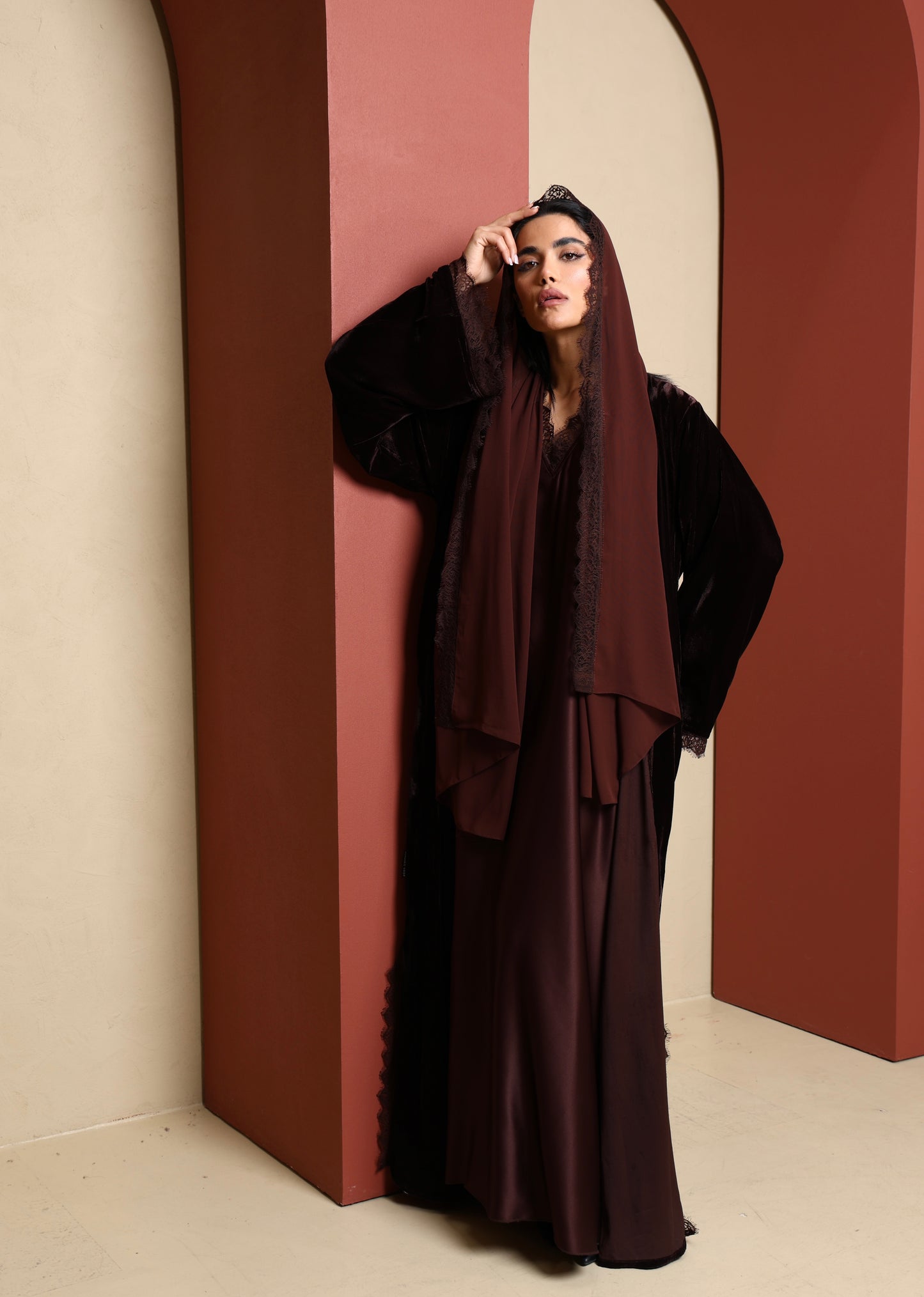 Pre Order Inayah Velvet Lace Abaya Set - Cocoa (Copy)