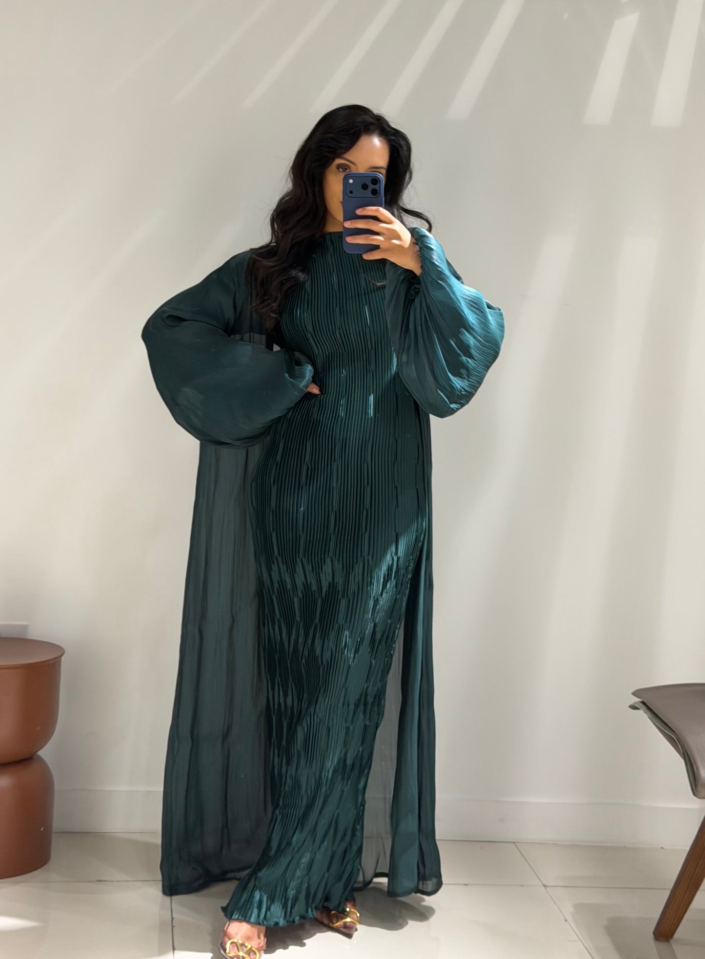 Pleated Puff Abaya set - Forest Green