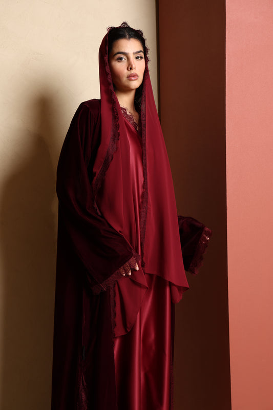 RTW Inayah Velvet Lace Abaya Set - Burgundy