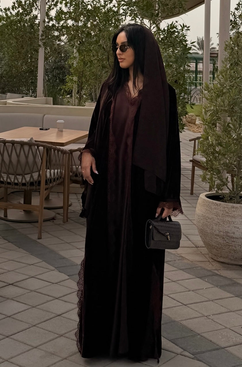 RTW Inayah Velvet Lace Abaya Set - Burgundy