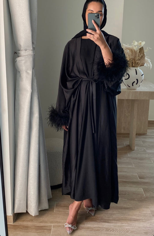 RTW Feather Open Abaya Set - Black