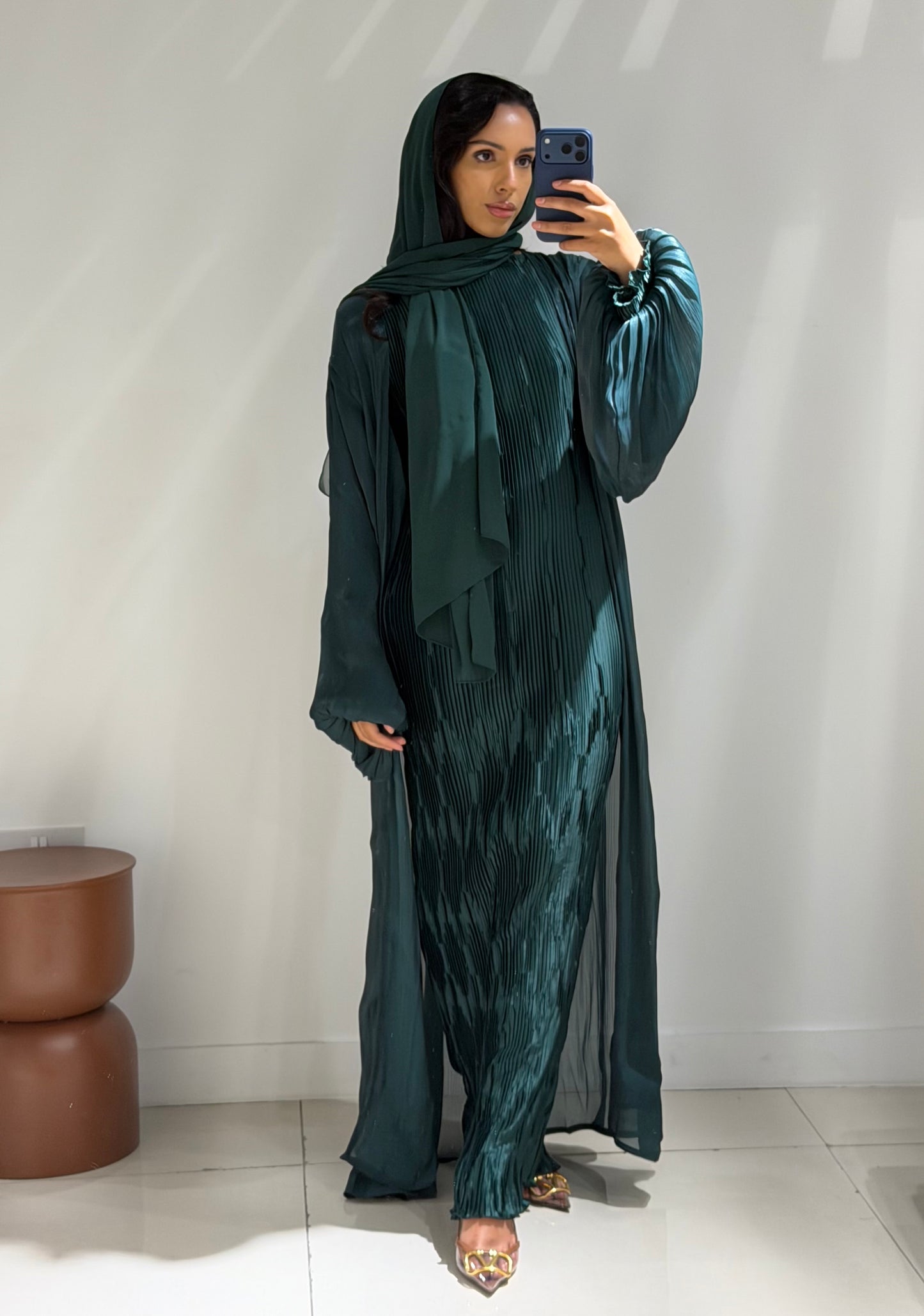 Pleated Puff Abaya set - Forest Green