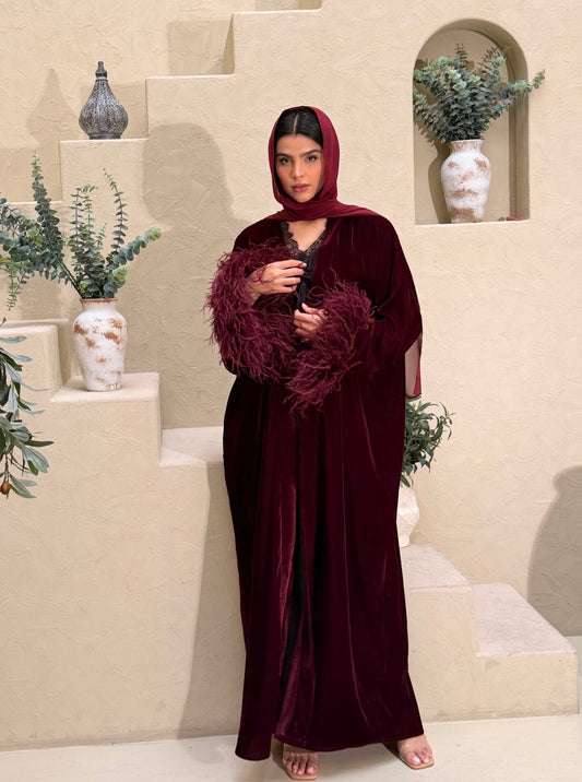 Asmaa Velvet Feather Abaya - Burgundy
