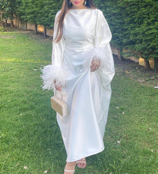 RTW Farasha Feather Kaftan - Off white/White Feathers
